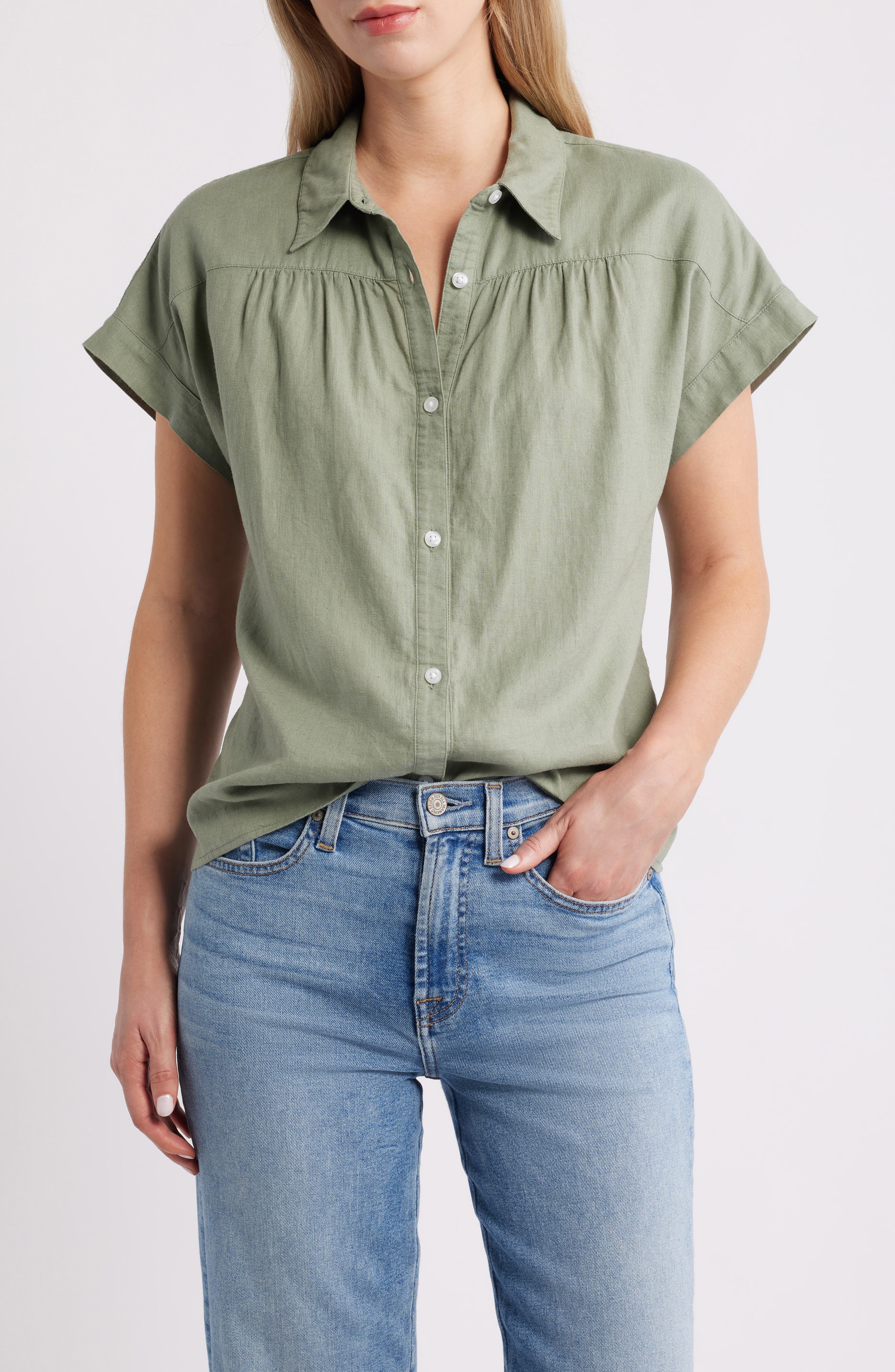 Caslonr Caslon(r) Short Sleeve Linen Blend Button-up Shirt In Green