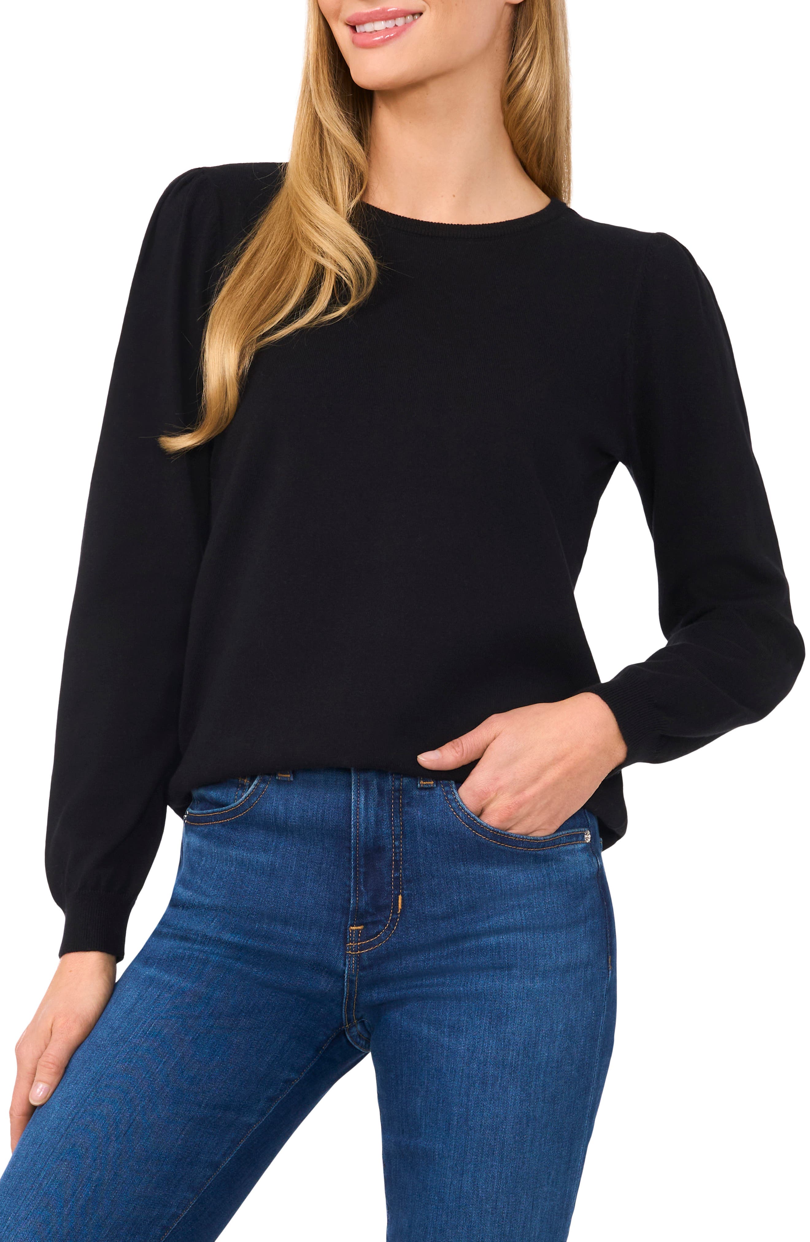 CeCe Puff Shoulder Sweater in Rich Black 