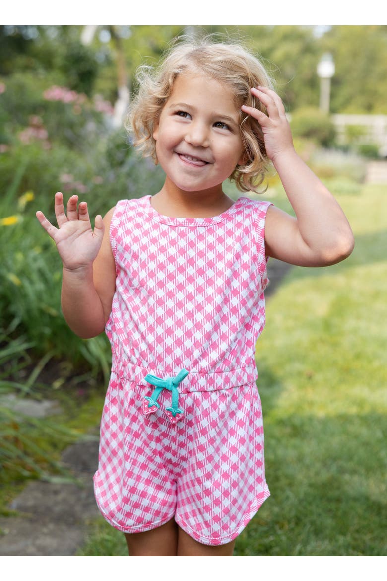 Gingham Print Knit Romper With Strawberries, Alternate, color, Pink