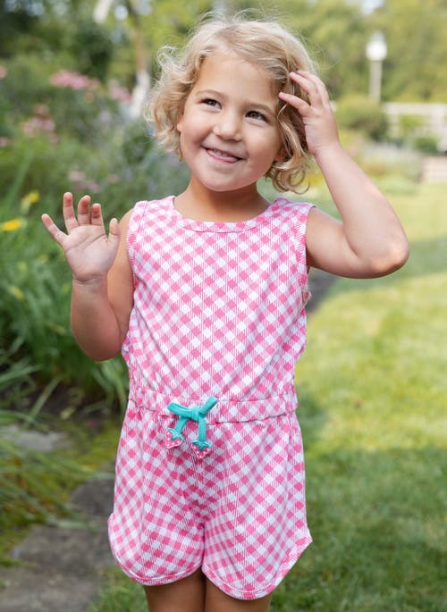 Florence Eiseman Gingham Print Knit Romper With Strawberries In Pink