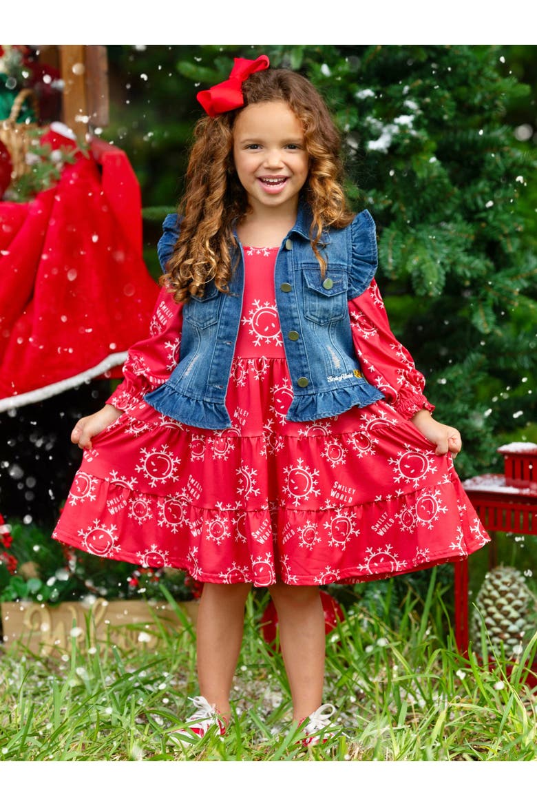 Girls SmileyWorld Happy Snowflake Denim Vest and Dress Set, Alternate, color, Red