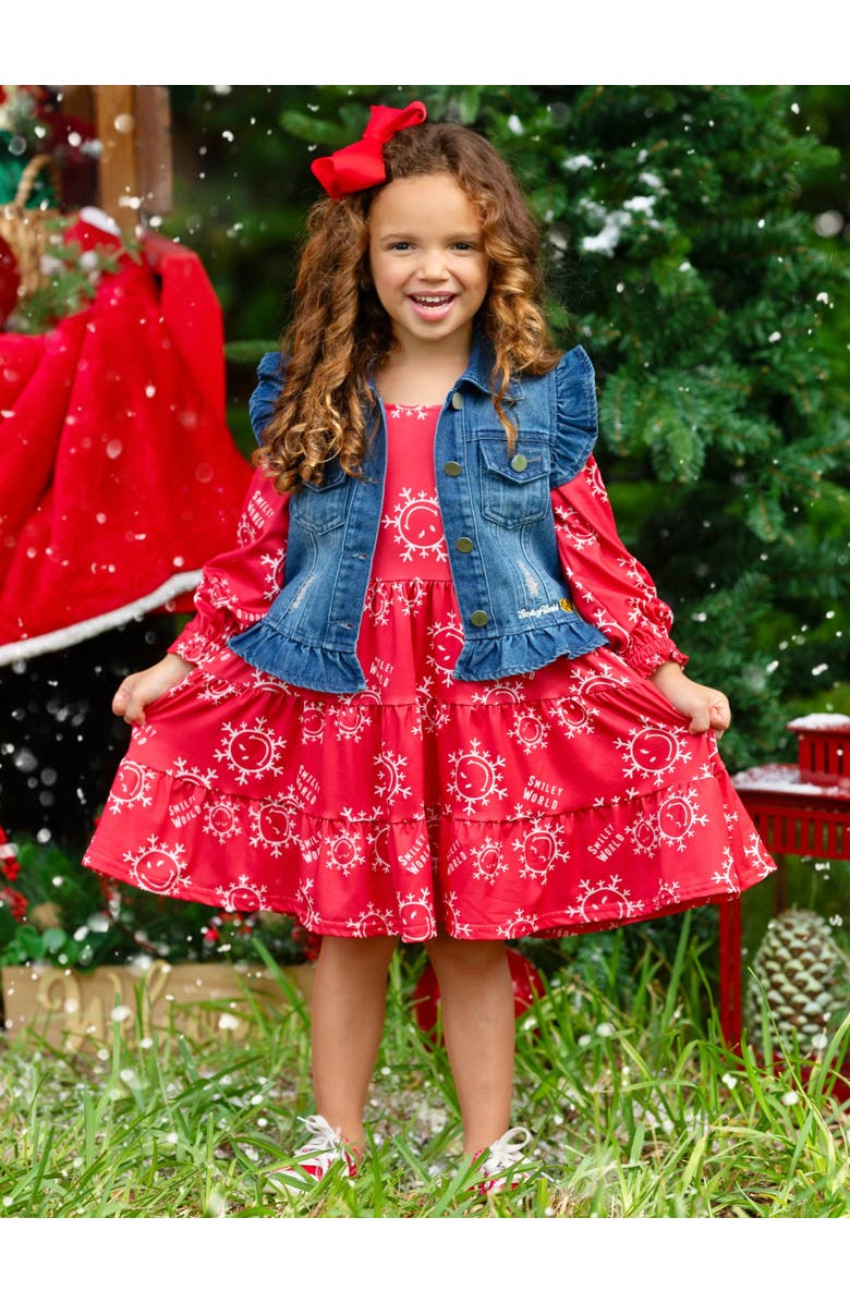 Mia Belle Girls Girls SmileyWorld Happy Snowflake Denim Vest and Dress Set, Alternate, color, 