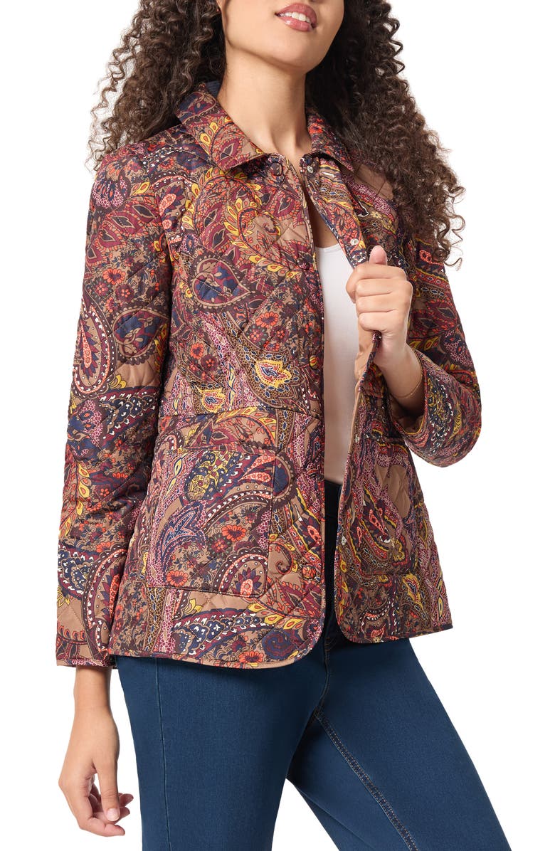 Jones New York Paisley Print Quilted Bracelet Sleeve Snap Front Jacket, Alternate, color, 