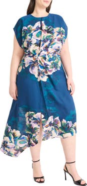 Maggy London Floral Short Sleeve Asymmetric Hem Midi Dress