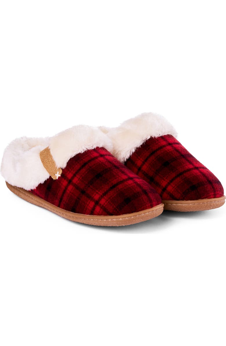 Minnetonka Camp Collar Faux Fur Scuff Slipper, Alternate, color, Red Plaid