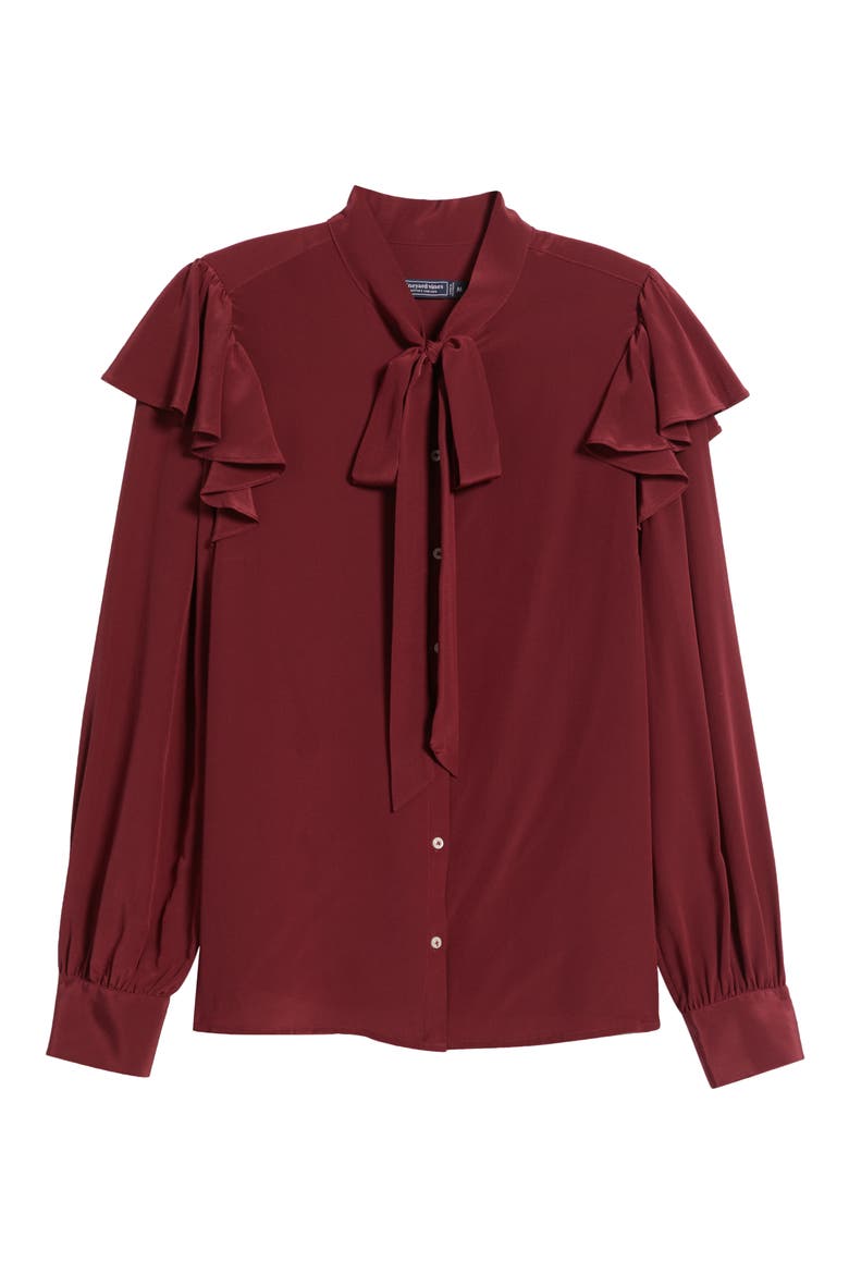 Tie Neck Silk Crêpe de Chine Button-Up Shirt, Alternate, color, CRIMSON