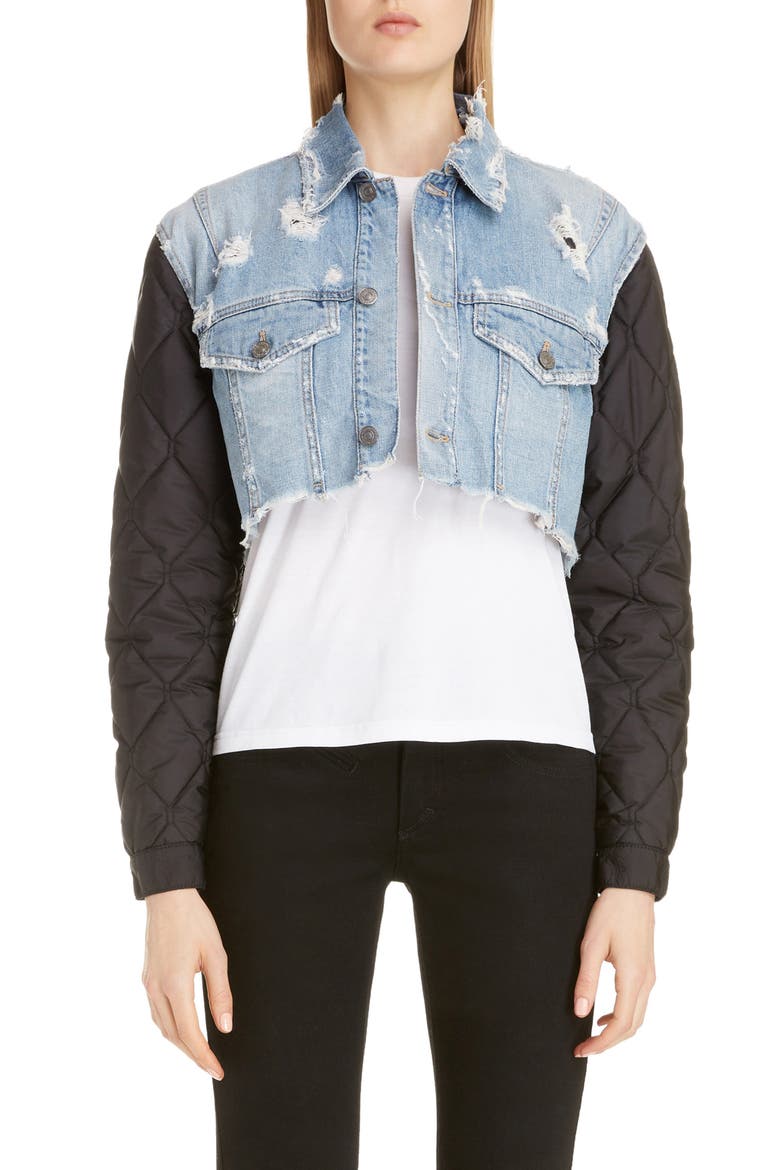 Quilted Sleeve Destroyed Denim Jacket, Main, color, BLACK/ LIGHT BLUE