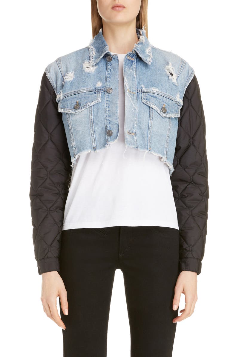 Givenchy Quilted Sleeve Destroyed Denim Jacket, Main, color, 