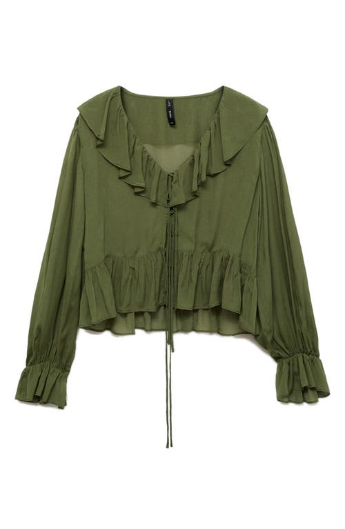 Mango Ruffle Long Sleeve Top In Khaki Green