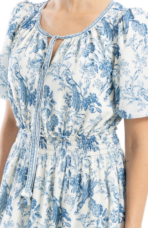 Max Studio Bubble Sleeve Tiered Maxi Dress In Cream/blue Bird Toile
