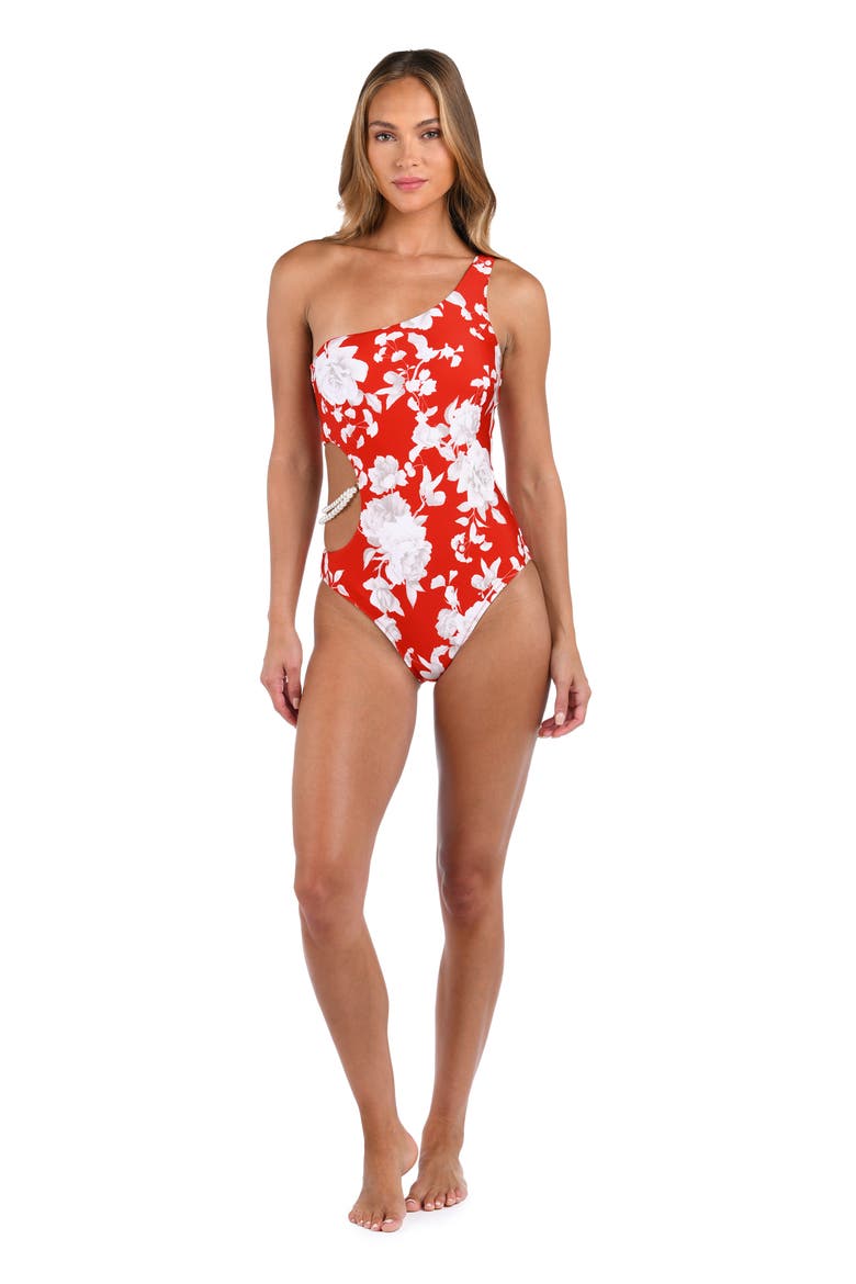 Ava Ikebana One-Shoulder Cutout One-Piece Swimsuit, Alternate, color, ROUGE
