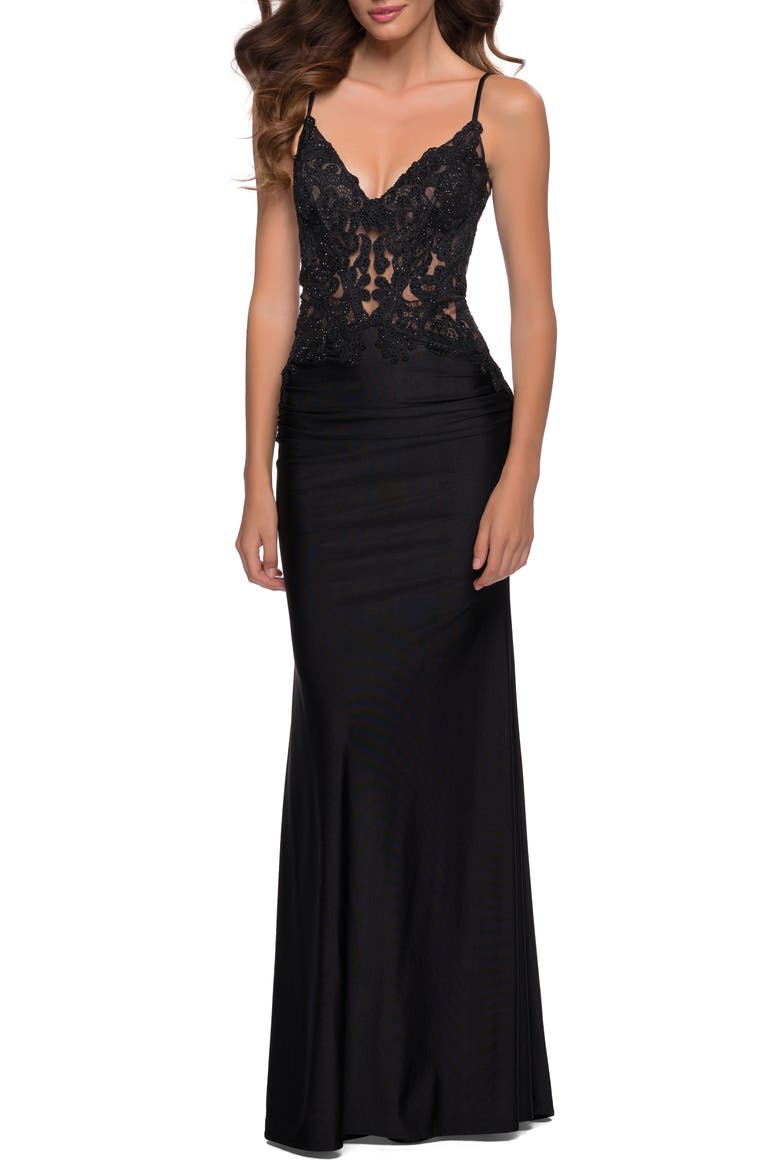 Jersey Gown with Sheer Lace Bodice and Ruching, Main, color, BLACK