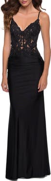 La Femme Jersey Gown with Sheer Lace Bodice and Ruching