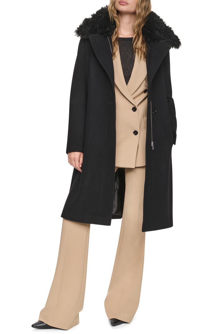 Faux Fur Collar Wool Blend Coat, Alternate, color, BLACK