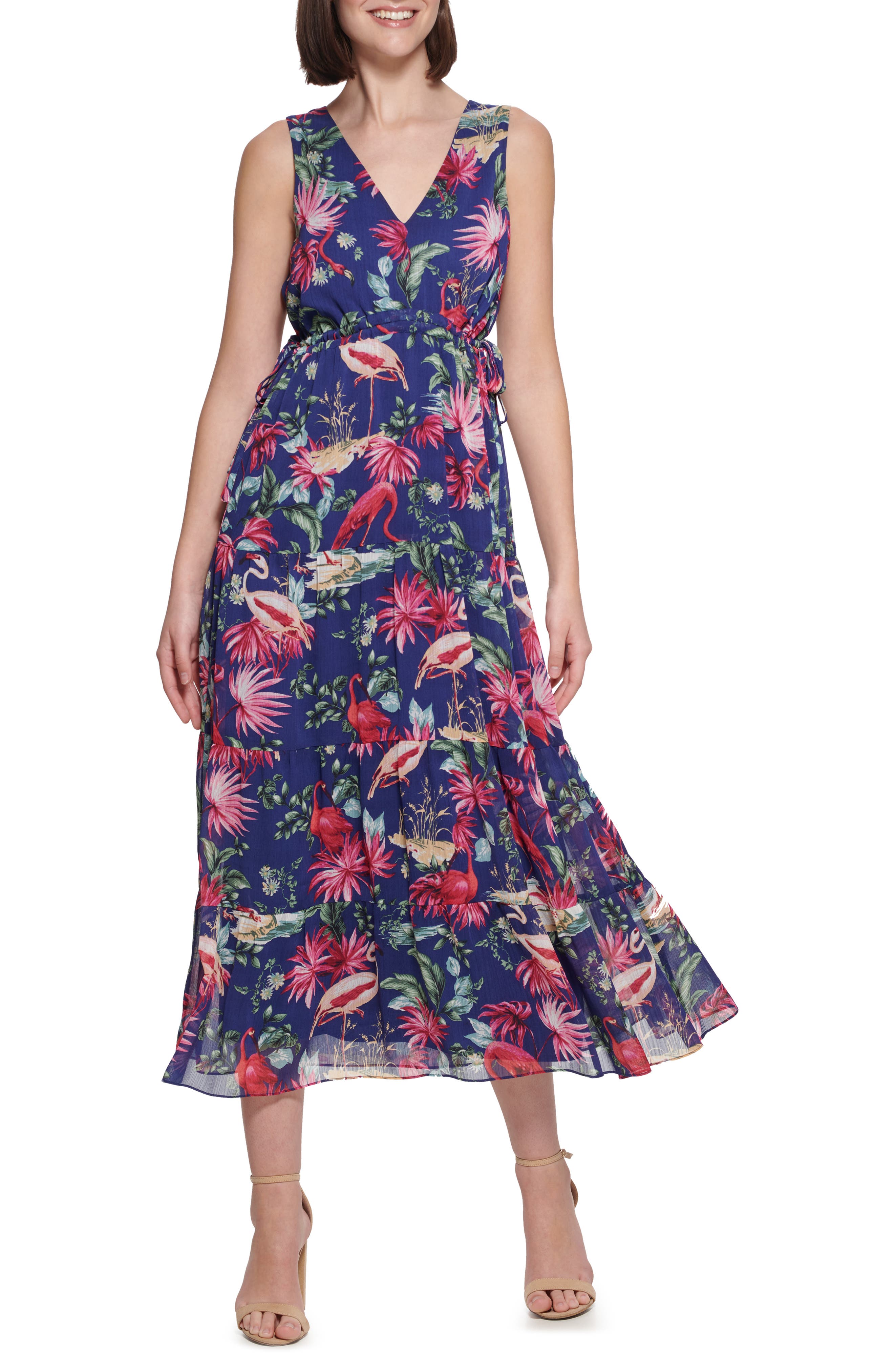 Kensie Flamingo Print Sleeveless Chiffon Maxi Dress