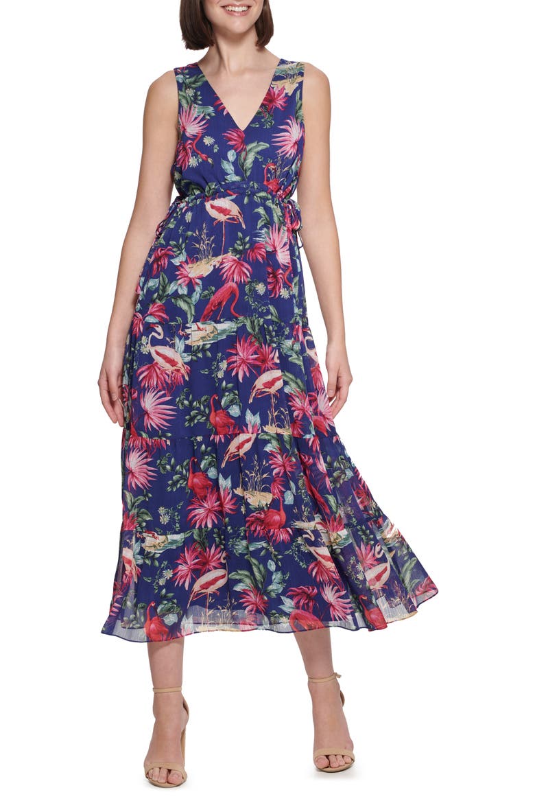 Flamingo Print Sleeveless Chiffon Maxi Dress, Main, color, NAVY MULTI