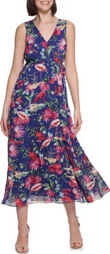 Kensie Flamingo Print Sleeveless Chiffon Maxi Dress