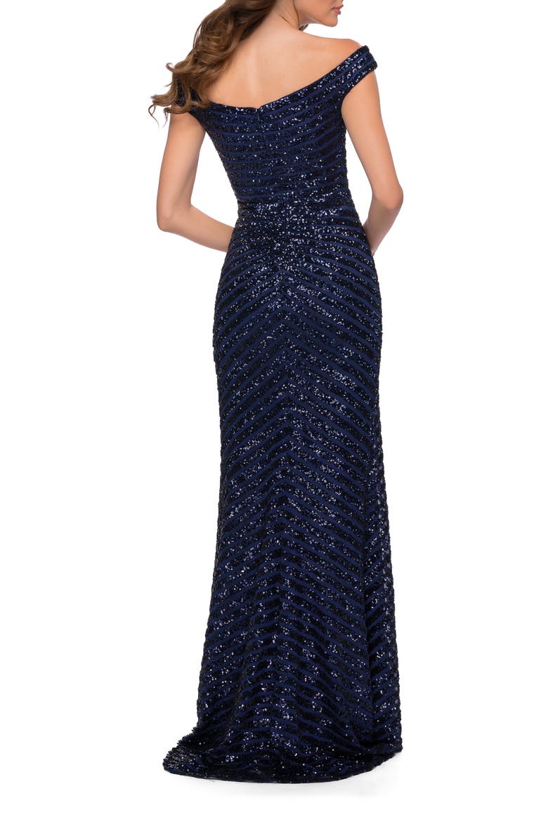 Off the Shoulder Sequin Long Dress with Skirt Slit, Alternate, color, Navy