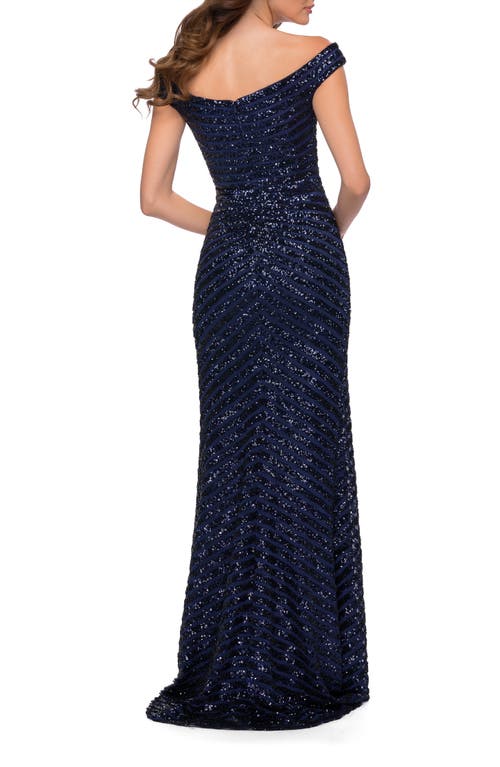 La Femme Sequin Stripe Off The Shoulder Gown In Navy