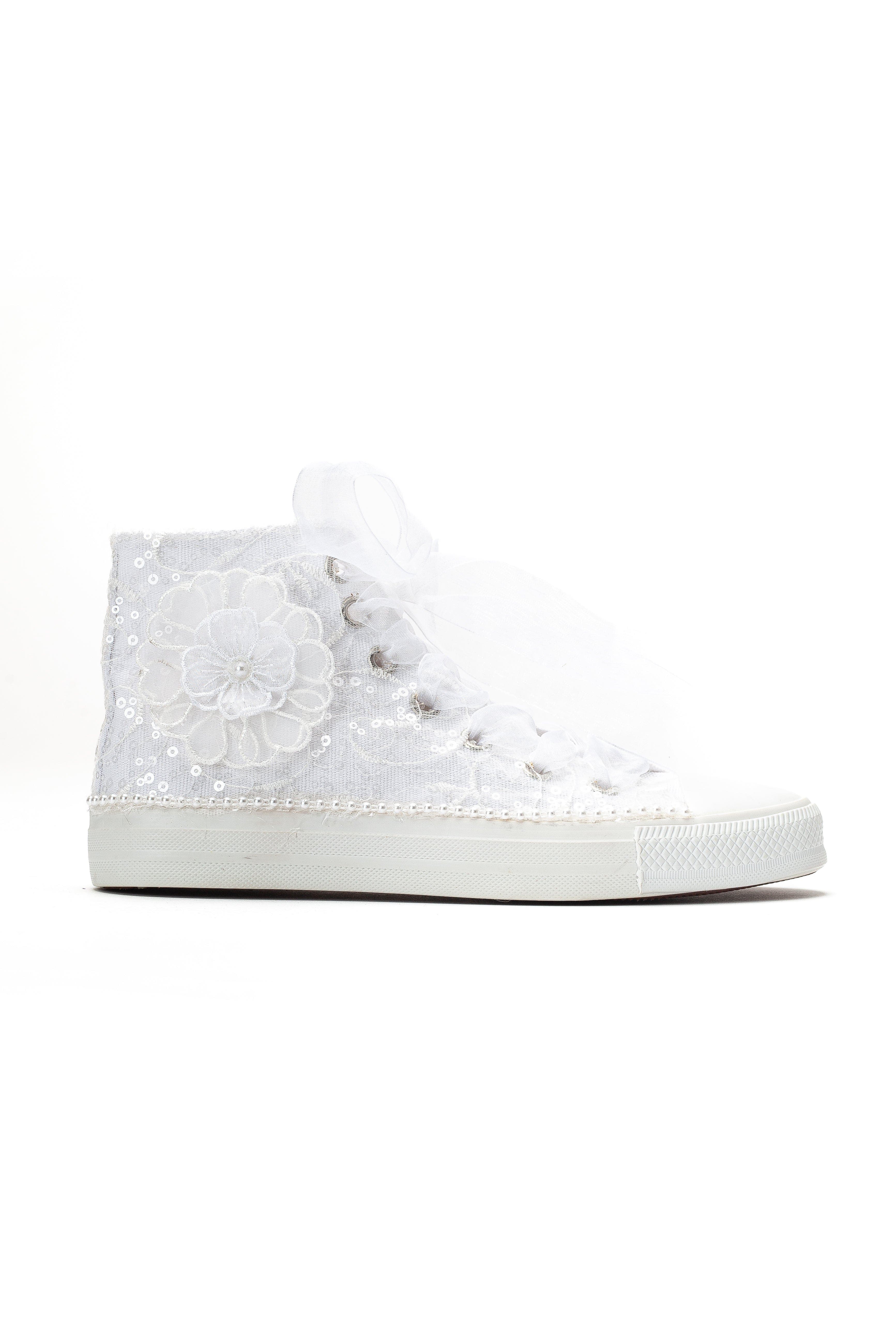 Forever & Always Shoes Mariselle Pearl Lace Bridal High Top Sneaker, Alternate, color, Ivory