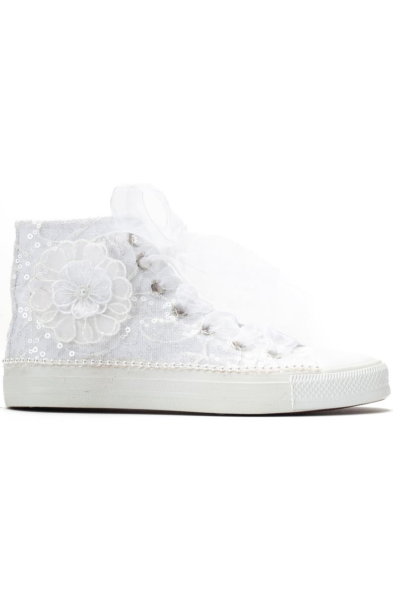 Forever & Always Shoes Mariselle Pearl Lace Bridal High Top Sneaker, Alternate, color, Ivory