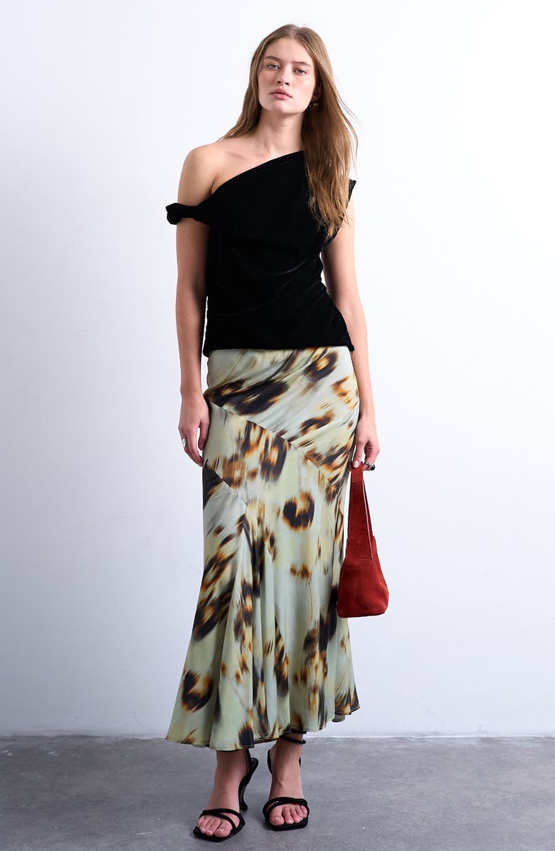 Topshop Ikat Print Bias Cut Maxi Skirt, Alternate, color, Medium Green
