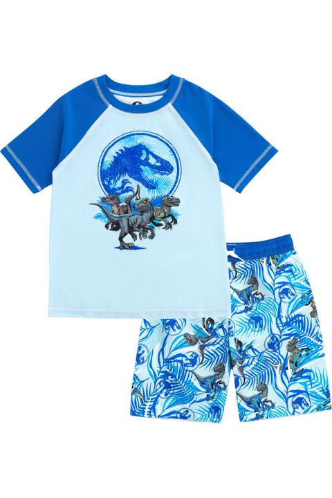 Jurassic Park T-rex 2-piece Rash Guard And Swim Trunks Set (big Kid)