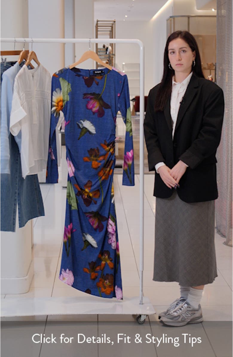 Floral Print Ruched Long Sleeve Maxi Dress, sales video thumbnail