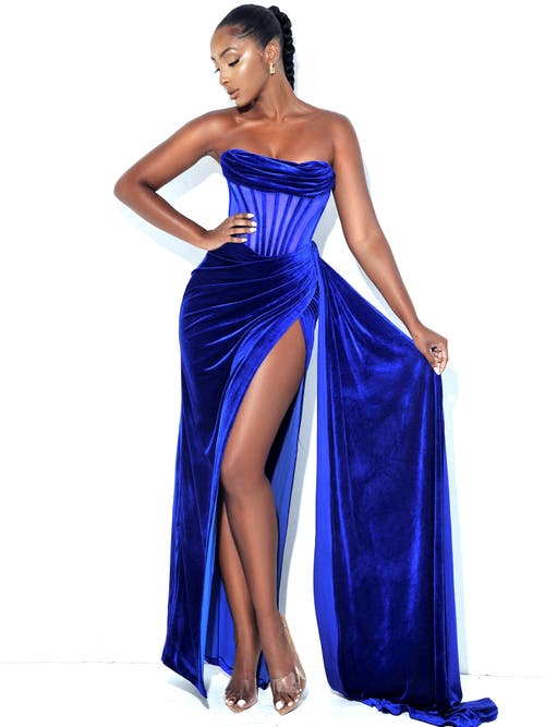 Miss Circle Priya Royal Blue Draping Corset High Slit Velvet Gown