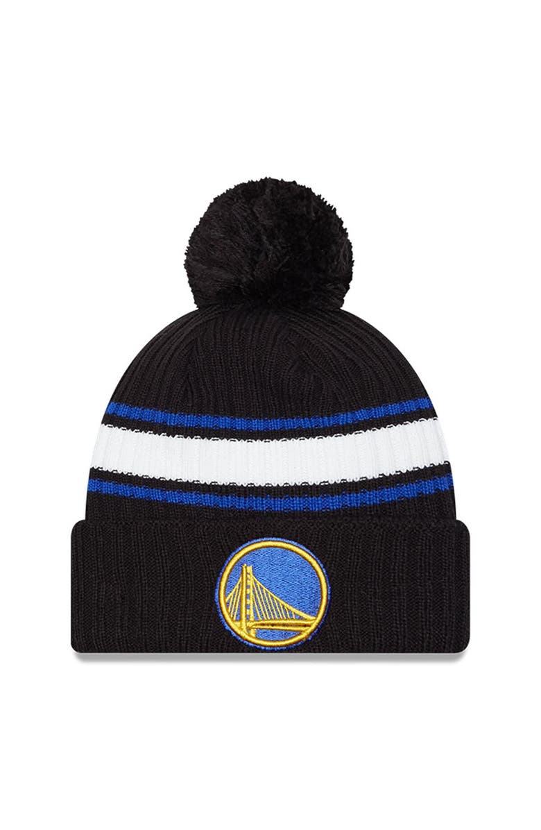 New Era Men's New Era Black Golden State Warriors White Stripe Cuffed Pom Knit Hat, Main, color,