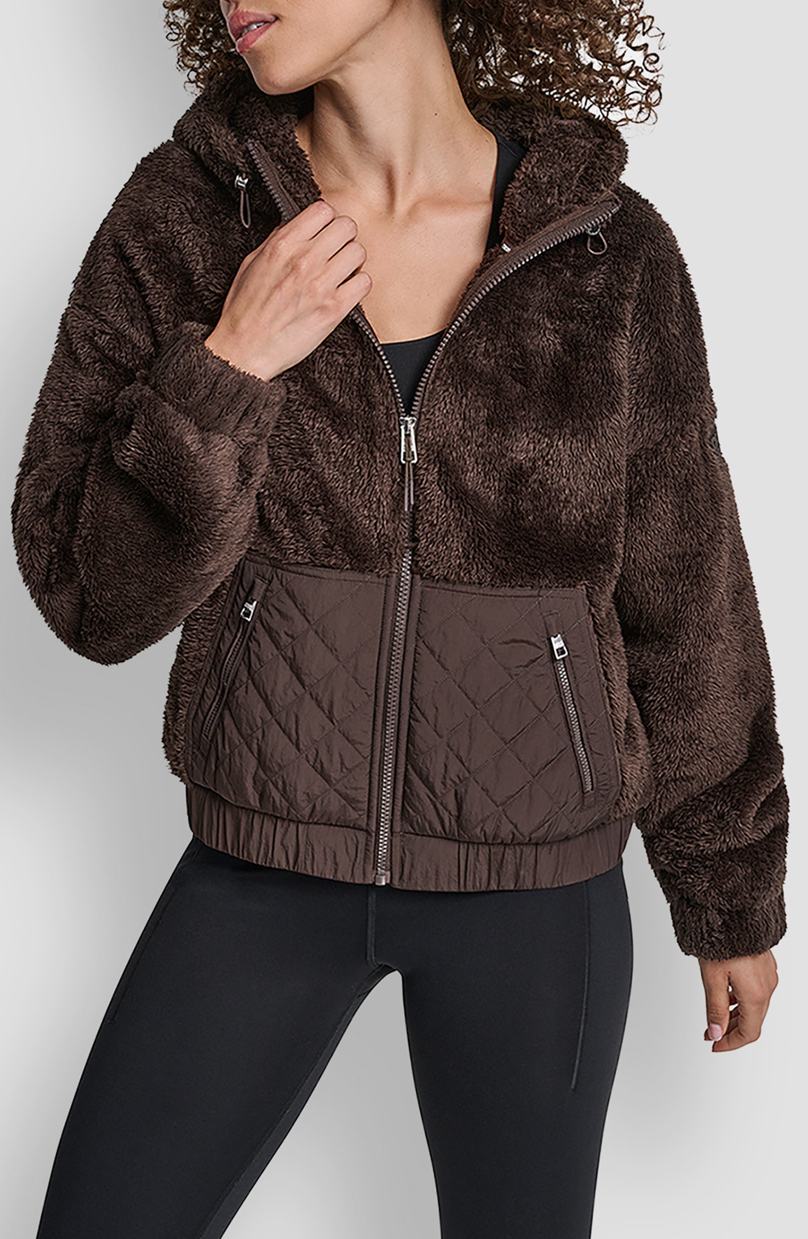 DKNY Faux Shearling &amp; Diamond Quilted Hooded Jacket