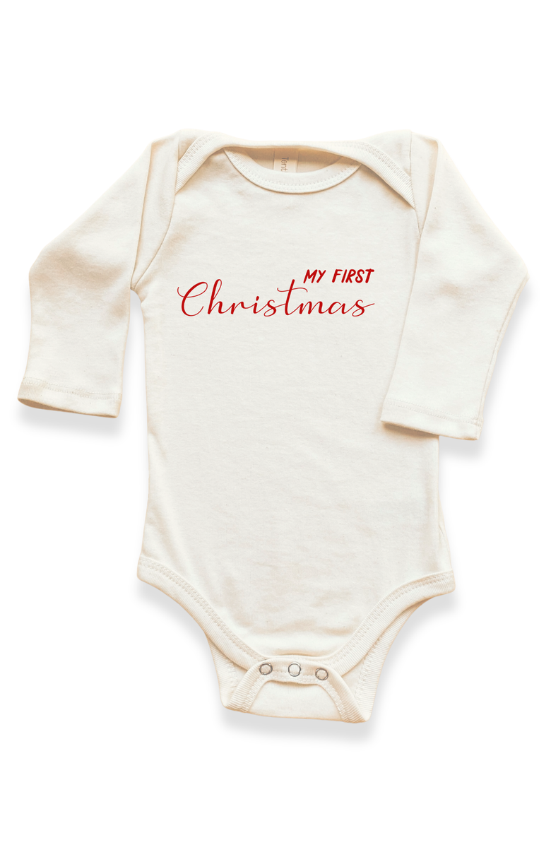 Tenth & Pine My First Christmas - Organic Long Sleeve Baby Bodysuit, Main, color, Natural Red Lettering