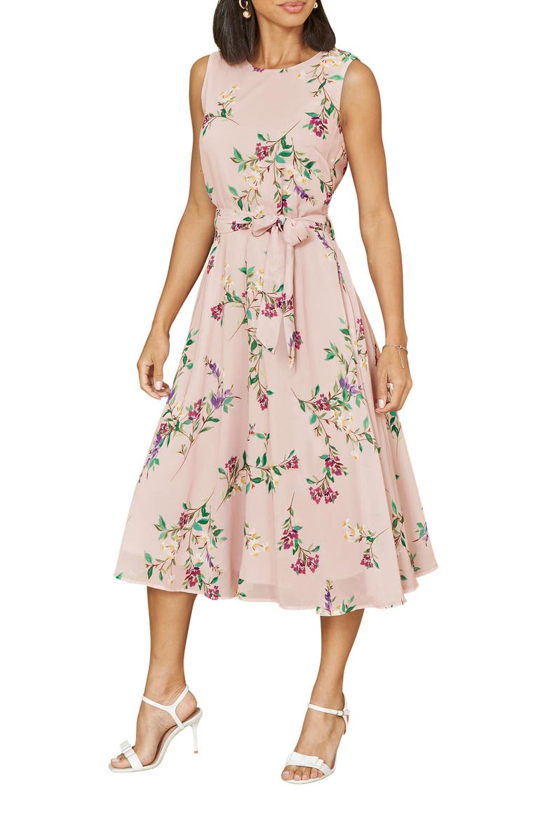 Sleeveless Tie Waist Printed Midi Dress, Alternate, color, Pink