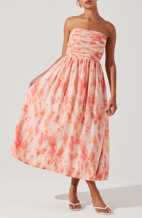 Aneesha Tie Dye Bow Back Strapless Midi Dress