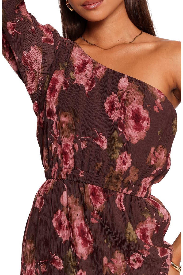 Floral One-Shoulder Plissé Midi Dress, Alternate, color, CHOCOLATE BROWN