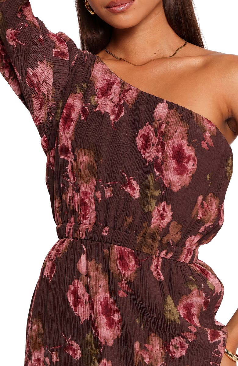 Petal & Pup Floral One-Shoulder Plissé Midi Dress, Alternate, color, Chocolate Brown