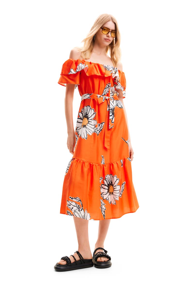 Daisy Ruffle Midi Dress, Alternate, color, ORANGE