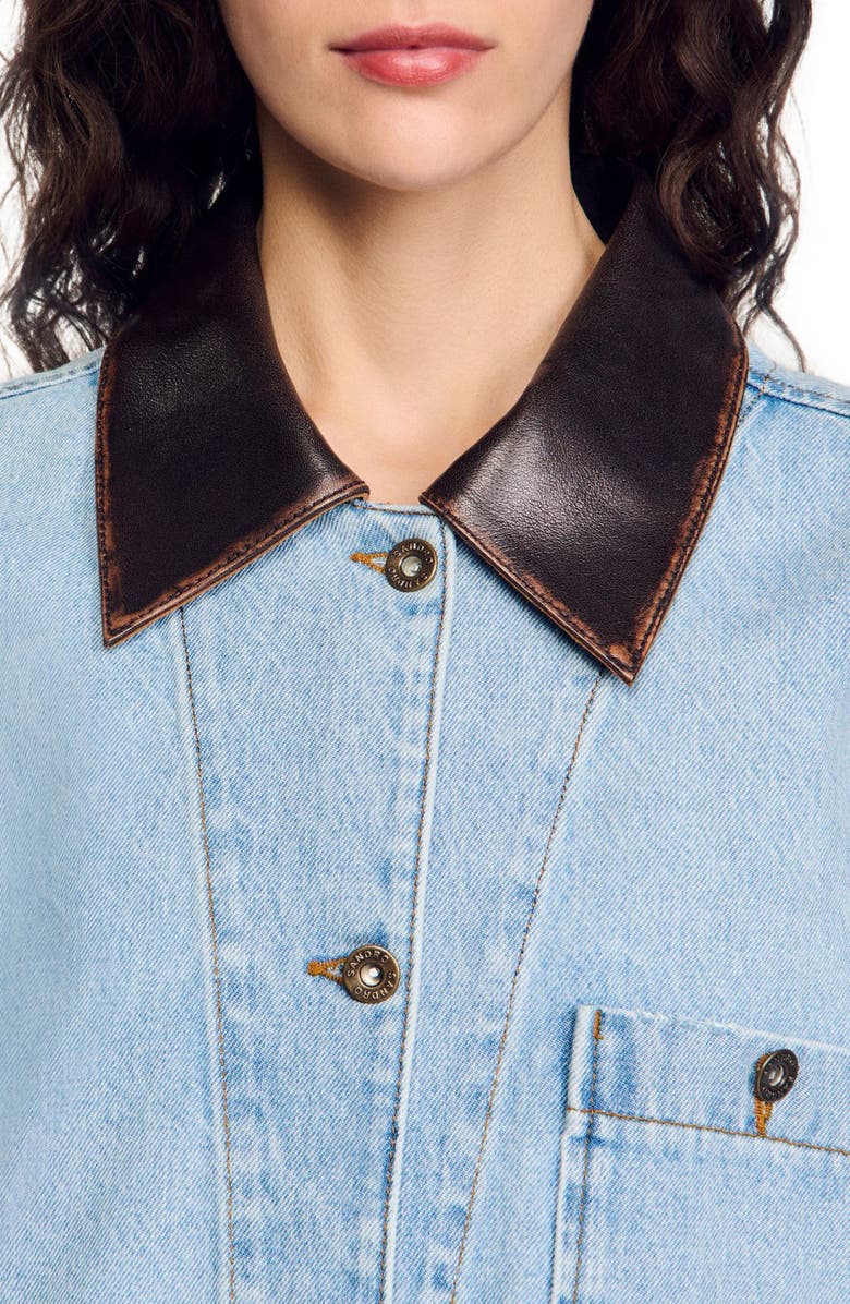 SANDRO Denim jacket with leather collar, Alternate, color,