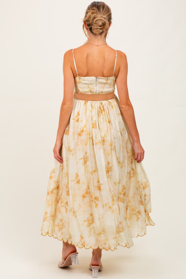Faded Floral Scallop Edge Cutout Midi Dress, Alternate, color, Yellow