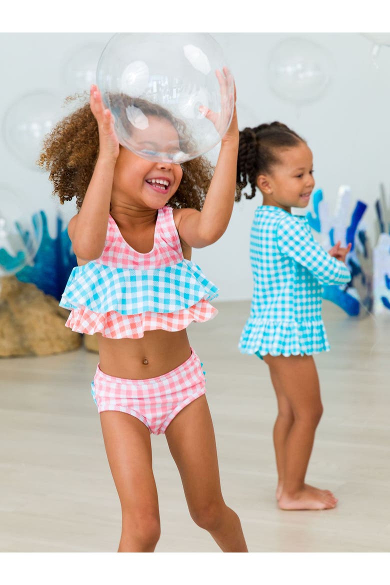 Girls Flounce Bikini, Alternate, color, Seaside Gingham Color Block