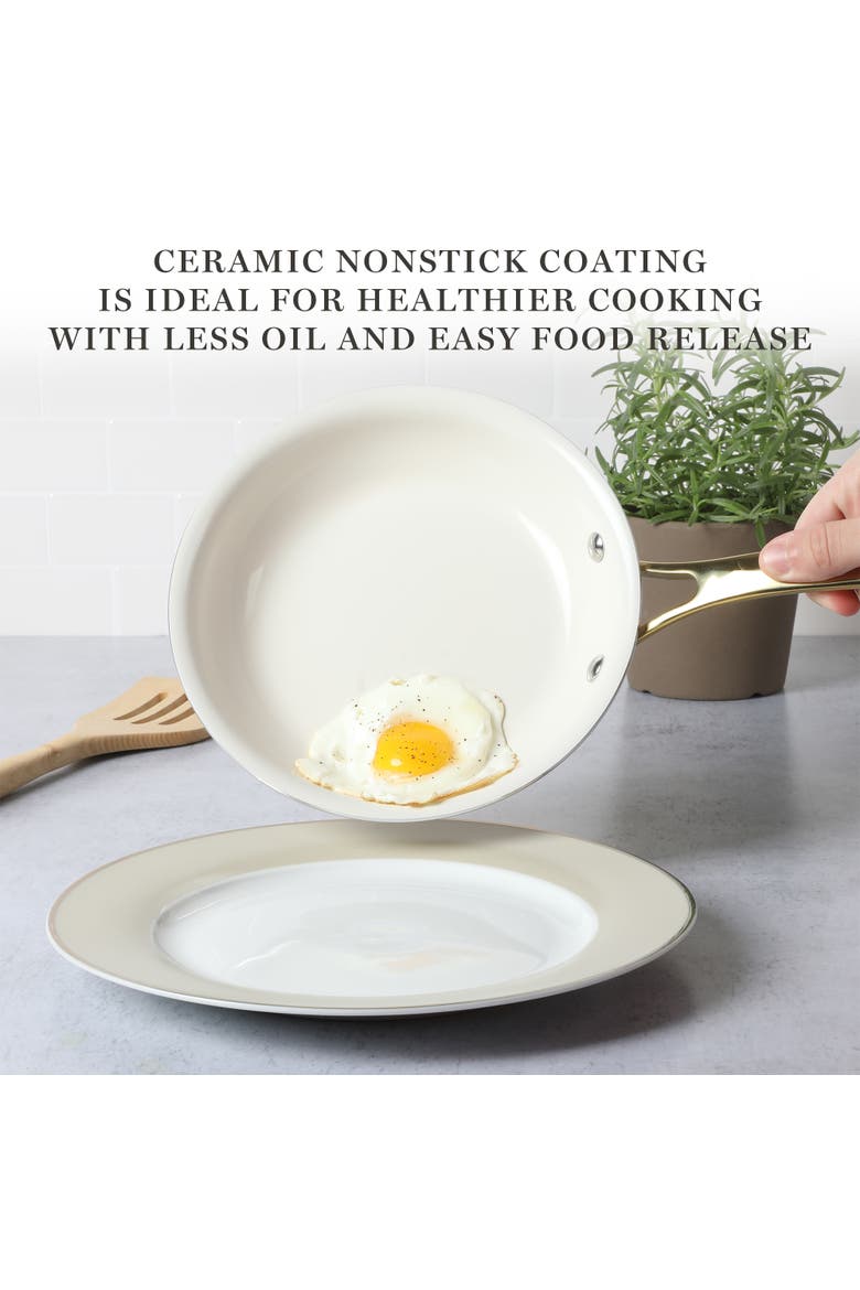 Lockton 10-Piece Ceramic Nonstick Cookware Set with Gold Handles, Induction Safe, Alternate, color, Linen White with Gold Handle