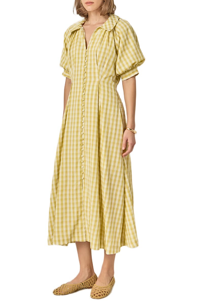 English Factory Gingham Puff Sleeve Seersucker Shirtdress, Alternate, color, Pistachio