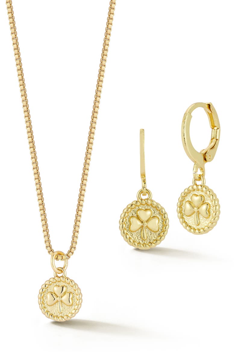 Clover Charm Drop Huggie Hoop Earrings & Necklace Set, Main, color, GOLD