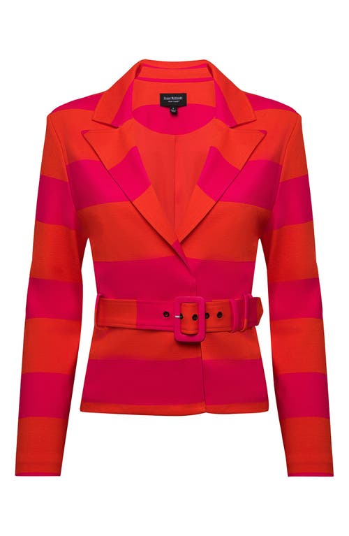 Isaac Mizrahi New York Belted Jacket In Magenta/orange Cabana Stripe