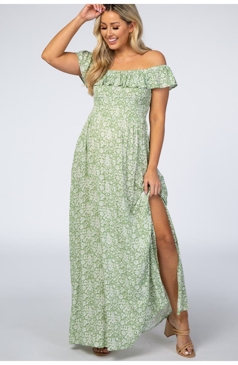 PinkBlush Floral Ruffle Off Shoulder Maxi Dress, Alternate, color, Light Olive