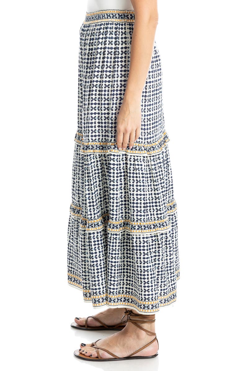 MAX STUDIO Ruffle Tiered Midi Skirt, Alternate, color, Natural Blues Ikat Stamp