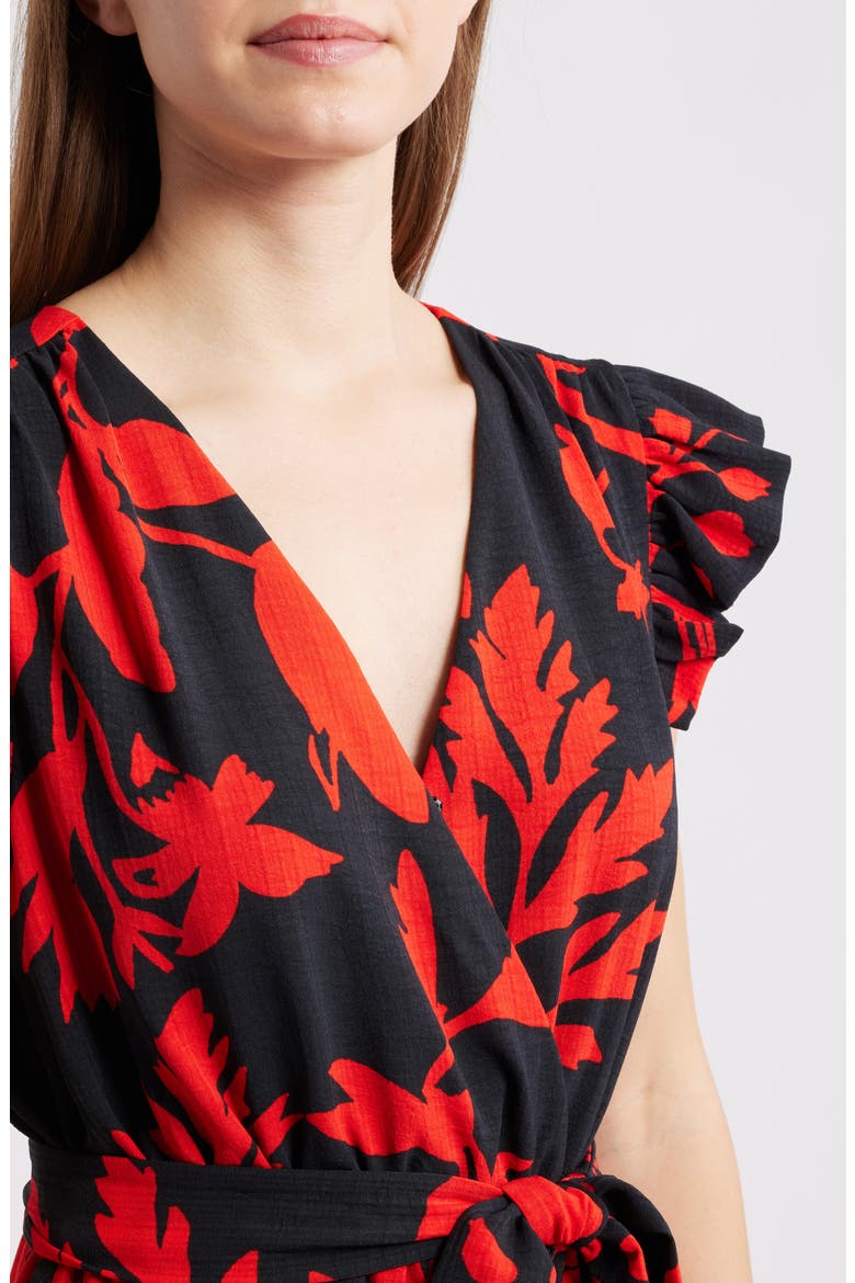 Floral Print Flutter Sleeve Tie Waist Maxi Dress, Alternate, color, BLACK/ RED