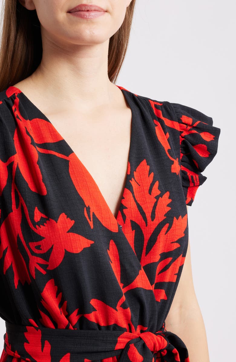 Sam Edelman Floral Print Flutter Sleeve Tie Waist Maxi Dress, Alternate, color, Black/ Red