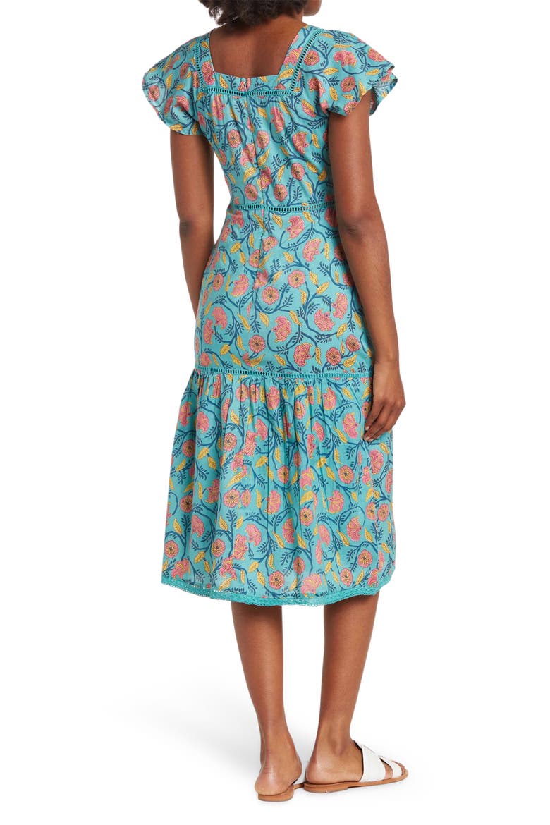 Lace Trimmed Square Neck Midi Dress, Alternate, color, SAGE/ PINK FLORAL