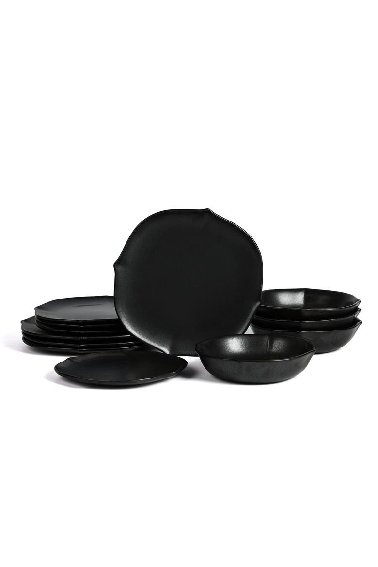Baskerville Stoneware 12-Piece Dinnerware Set, Main, color, Black